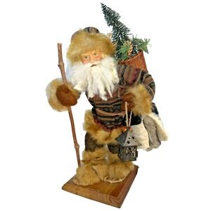 Large 17 in Woodland Rustic Santa Fur Trapper  Lantern Basket Walking Stick